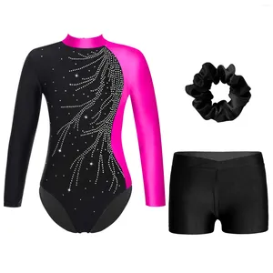Stage Wear Teen Girls Figure Skating Ballet Gymnastics Leotard Long Sleeve Rhinestone Bodysuit With Shorts Outfit For Dance Practice