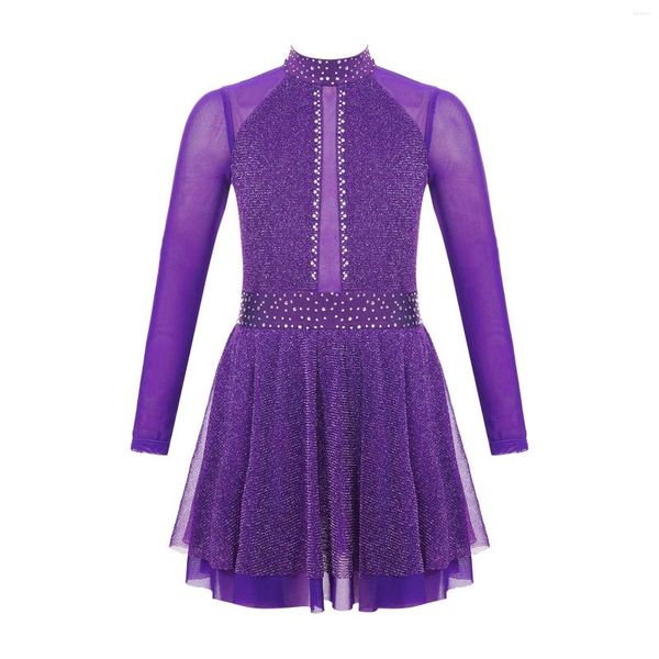 Stage Wear Teen Girls Figure Patinage Performance Costume à manches longues brillant maille justaucorps robe vêtements de danse pour la danse lyrique ballet gymnastique