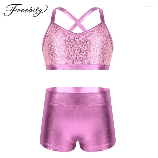 Portez des adolescents adolescents Shiny Sequin Gymnastique Shorts Crop Top Ballet Leotard Dance Set Kids Sports Tankini Costume