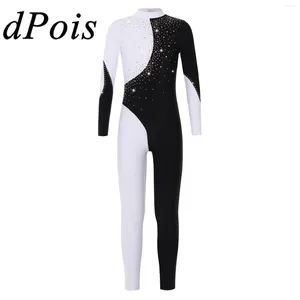 Stage Wear Teens Gymnastique Combinaison Enfants Filles À Manches Longues Brillant Strass Patinage Sur Glace Body Pour Fille Ballet Danse Justaucorps Dancewear