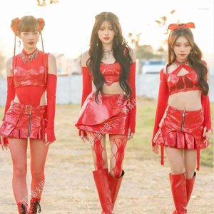 Stage Wear Thai Girl Group realiza el mismo traje de cuero rojo Trajes de jazz para adultos sexy KPOP Singer Idol Costume Dance Urban VBH106