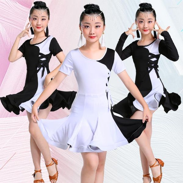 Stage Wear The White Black Latin Dance Competition Robes Dress For Girls Kids Costume