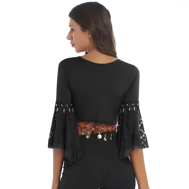 Stage Draag Tiaobug Women Lace Patchwork Three Quarter Flare Sleeve Bead Tassel Lace-Up sjaal Crop Tops Cardigan Belly Dance kostuum