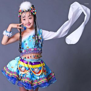 Desgaste de la etapa Ropa de rendimiento de los niños tibetanos Minoría Bata Mangas de baile Niñas mongolas