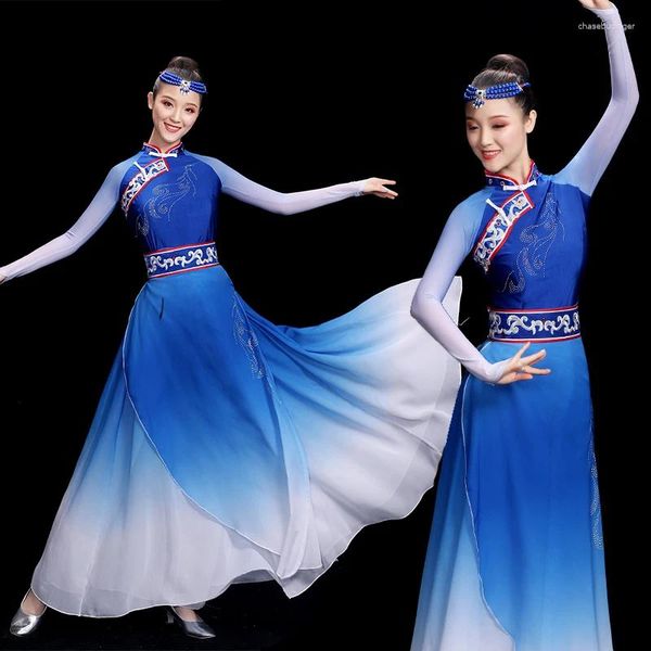 Escenario desgaste danza tibetana rendimiento traje femenino vestido mongol chino ropa de baile folk antiguo festival traje