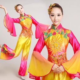 Desgaste de la etapa Ropa tradicional china Mujeres Antiguo Yangko Folk Dance Fan Traje amarillo Disfraces Mujer Yangge Dancing Dances Ropa