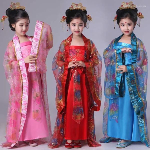 Stage Wear Costumes de danse traditionnelle chinoise Enfants Femmes Filles pour enfants Robe de ventilateur à manches Costume folklorique Femme Ancient Hanfu Vêtements