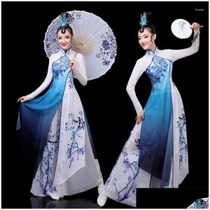 Stadiumkleding Traditionele Chinese Vintage Hanfu Vrouwen Bloemenprint Qipao Jurk Oude Volksdans Streetwear Prestaties Drop Levering A Otect
