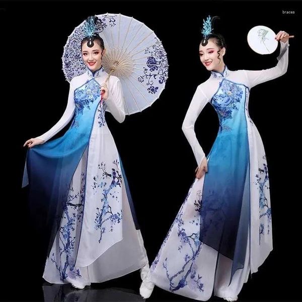 Stage Wear Traditionnel Chinois Vintage Hanfu Femmes Fleur Imprimer Qipao Robe Ancienne Danse Folklorique Performance Streetwear