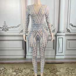 Stage Draag transparante jumpsuit Sparkly Rhinestones Mesh Show Rompers Sexy Women Birthday Party Outfit