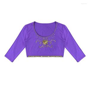 Stage Wear Tribal femmes paillettes brillantes Crop débardeur encolure dégagée 3/4 manches T-Shirt danse du ventre Choli hauts accessoires tziganes