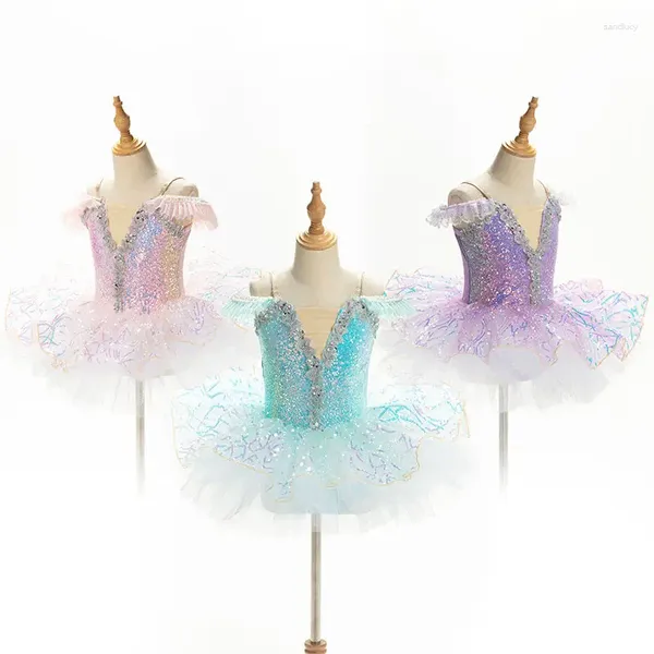 Stage Wear Tutu Enfants Filles Paillettes Bleu Ciel Princesse Performance Robe De Danse Moderne Fête