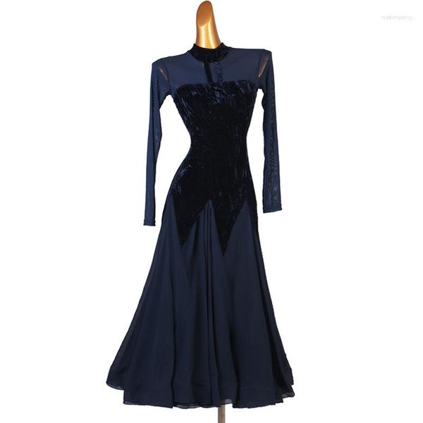 Vêtements de scène velours bleu robes de bal Sexy manches longues valse danse grande balançoire robe femmes compétition Costumes de danse