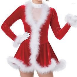 Stage Wear Velvet Feather Christmas Latin Dress Girls volwassen Red Long Sleeve Dance Kostuum Dank Frank C386