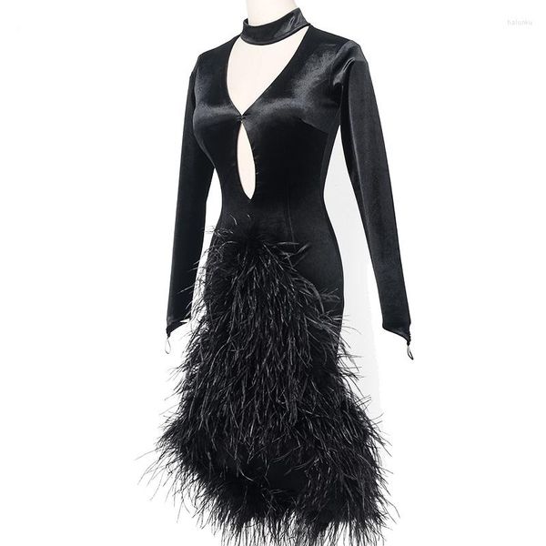 Etapa desgaste terciopelo vestido de baile latino mujeres tango moderno pluma salón de baile traje sexy negro jl3972