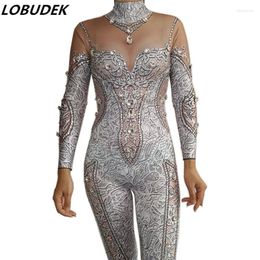 Wear Wear Imprimée vintage strass de strass de saut à manches longues à manches longues Costume de danse de la fête de la fête de la fête de jute sexy