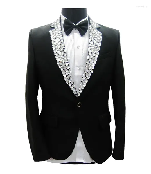 Stage Wear Costume de mariage Vestes Formel Strass Noir Blazers Chanteur Hôte Performance Slim Manteau Costume Party Groom