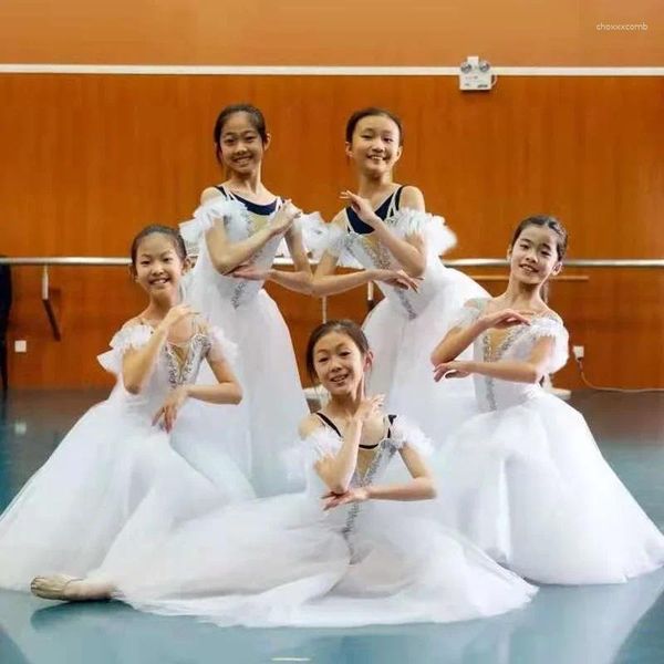 Portez une robe de ballet blanche longue tutu romantique professionnel swan lake ballerine féminin pour enfants costume de fée