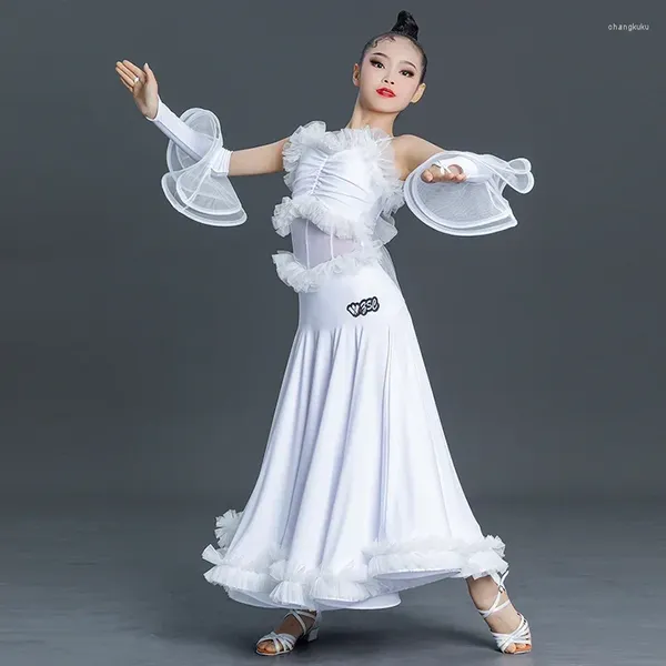 Robe de danse blanche pour filles, tenue de scène, Costume de compétition, Tango, Standard national, vêtements de danse pour enfants, valse de bal