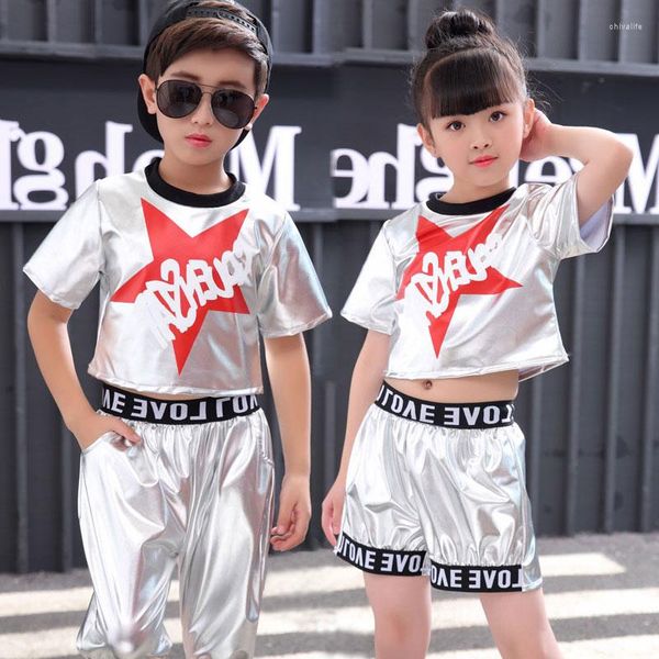 Ropa de escenario Niños blancos Jazz Danza Trajes de porristas modernos Hip Hop Boy Girls Bailando Top y pantalones Lentejuelas Conjunto de ropa de rendimiento