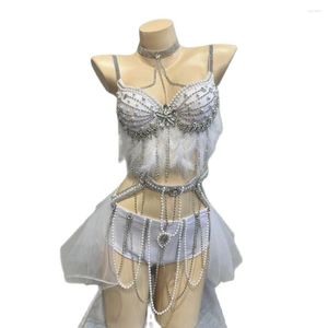 Stage Wear White Feather Perles Gaze Bikini Festival de musique électronique Rave Tenues DJ Dancer Sexy Pole Dance Costume Set