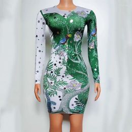 Stage Wear White Green Patchwork Rhinestones Dress Women Long Sleeves Sequins Jazz Dance Outfit Party avondkostuum