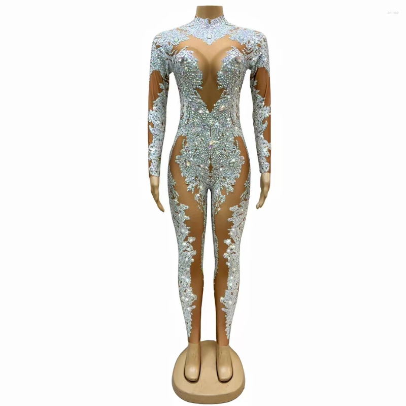 Stage Wear White Jumpsuit Bling Performance Rhinestones Tight Women Singer Dancer Sexy Crystal Leotard Dance Costume Birthday Outfit