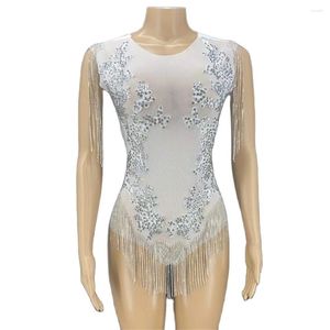 Vêtements de scène blancs sans manches brillants strass gland body sexy pour femmes discothèque DJ vêtements pôle danse porte des costumes