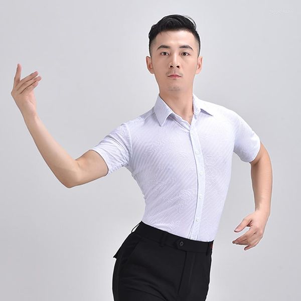 Stage Wear Blanc Stripe Manches courtes Latin Dance Tops Adulte Mâle ChaCha Performance Costume Été Tango Pratique Dancewear VDB5509