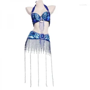 Stage Wear Wholesale 12 Colors Belly Dance Peacock Bra Suit sexy Tassel kralen en riem ingesteld voor dames Performance Kleding