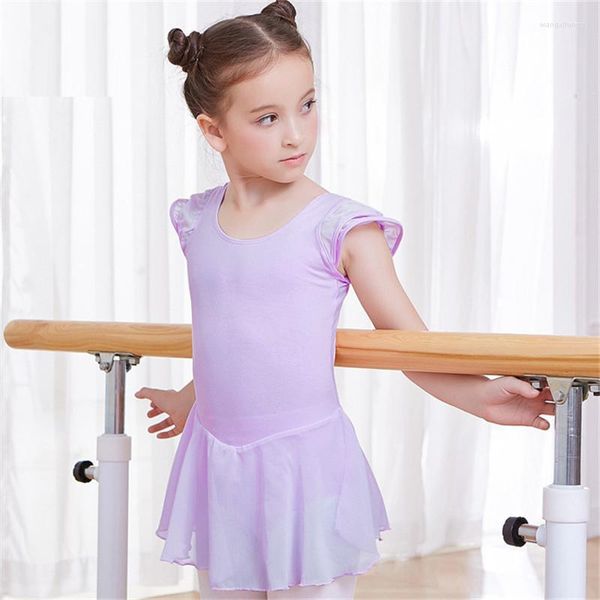 Vêtements de scène en gros mode enfants filles maille manches coton ballet danse mousseline de soie jupe justaucorps