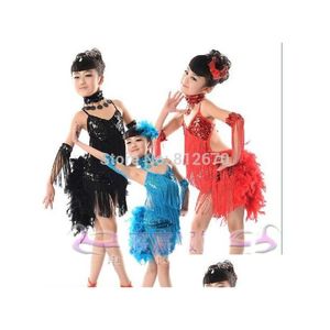 Stage Wear Groothandel-Nieuwe Kinderen Kids Sequin Feather Fringe Stage Performance Competitie Ballroom Danskostuum Latin Jurk Voor Dro Dhz3F