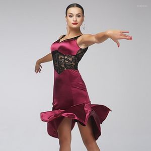 Vêtements de scène vin dentelle Sexy robe de danse latine aux Costumes Salsa pour Latina danse vêtements femmes frange Rumba Samba