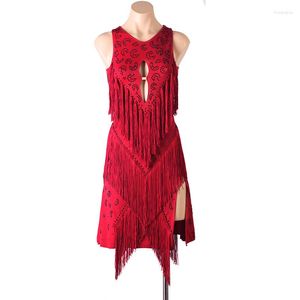 Stage Wear Vin Rouge Robe de danse latine Franges Salsa Samba Rumba Costume avec body Buit en soutien-gorge sexy