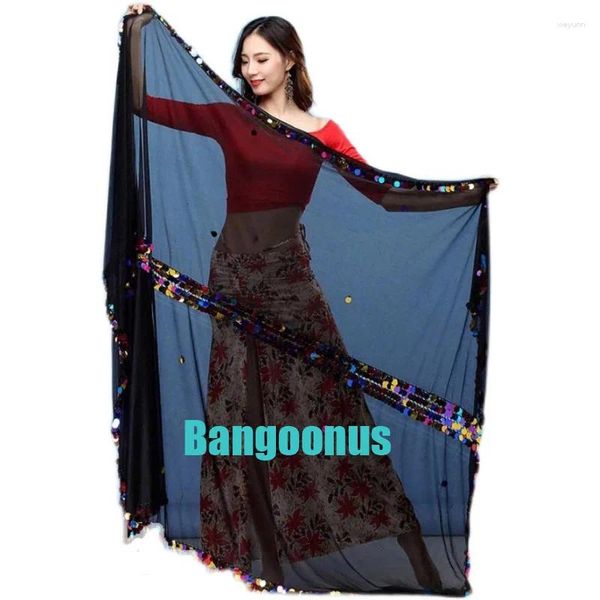 Stage Wear Femme 230cm Shinning Sequin Main Écharpe Dancewear Foulards Costume de danse du ventre Malaya Châles Voiles Rouge Noir