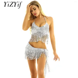 Stage Wear Femmes 2pcs Costume de danse du ventre brillant paillettes glands haut court avec frange hanche écharpe ensemble latin salsa samba tenues de danse folklorique