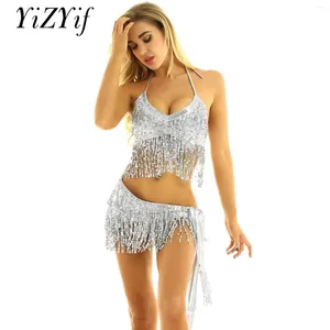 Stadiumkleding Vrouwen 2 Stuks Buikdanskostuum Glanzende Pailletten Kwasten Crop Top Met Fringe Hippe Sjaal Set Latin Salsa Samba Volksdans Outfits