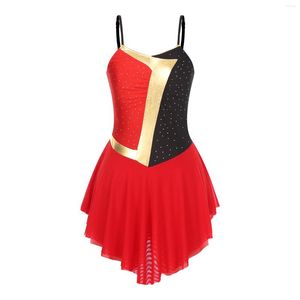 Stage Wear Robe à paillettes pour femmes Performance de patinage artistique Strass Bloc de couleur Gymnastique Justaucorps Bretelles Spaghetti Ballet Latin