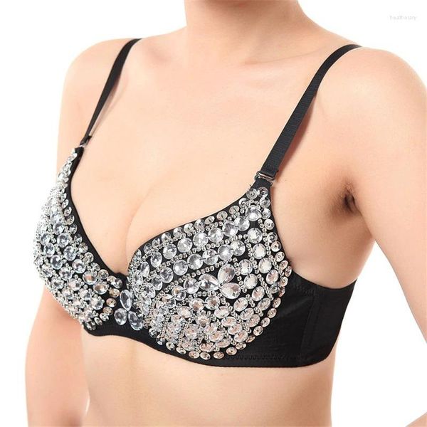 Roupa de palco Sutiã feminino sexy all-over com strass Roupa íntima estilo punk metálico Stripper Prata Dourado