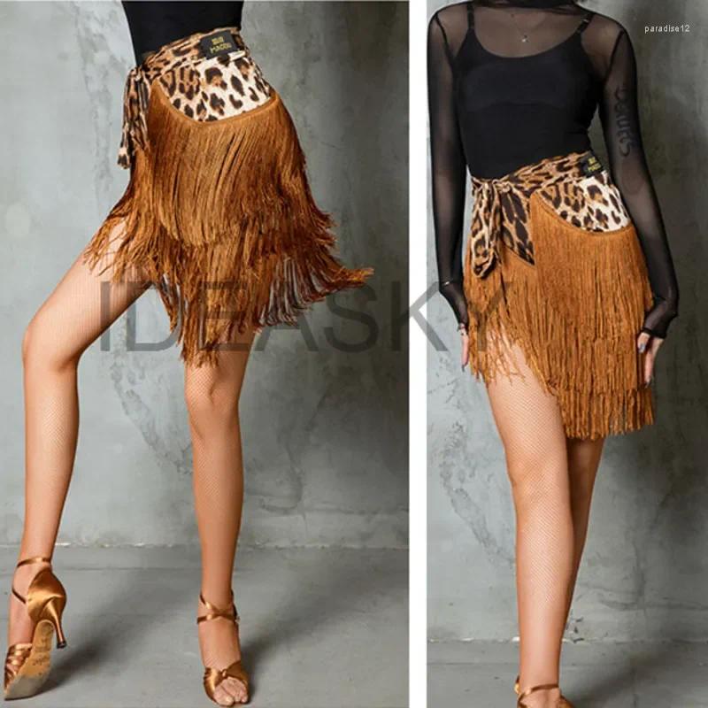 Stage Wear Women Adult Latin Dance Skirt Tassel Fringed Leopard Dancing Practice Cloth Samba Tango Cha Hip Scarf