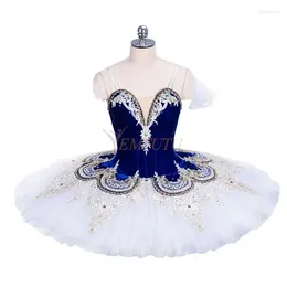 Bühnenkleidung Frauen Erwachsene Professionelles Ballett-Tutu-Kostüm Blauer Samt Weißer Tüll Klassische Leistung Pfannkuchenkleid Ustom Made