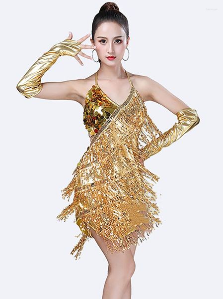 Stage Women Women Adulto Syte Tassel Skirt Latin Dancewear Distina de lentejuelas Dispersión Tume Backless Dancer Competición