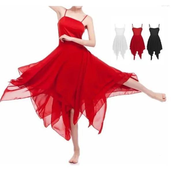 Portez des femmes robes de balle ballerine gymnastique adulte couleur rouge sangle sans manches asymétriques en mousseline de soie danse contemporaine