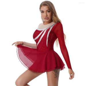 Vêtements de scène femmes Ballet Tutu robe strass maille manches longues gymnastique entraînement vêtements de danse compétition pratique patinage artistique