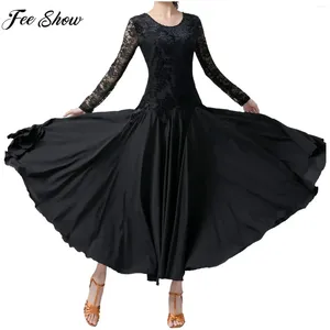 Portez des femmes robe de danse de bal de bal paso doble flamenco waltz cha-cha rumba performance costume long manche en dentelle à manches longues dancewear