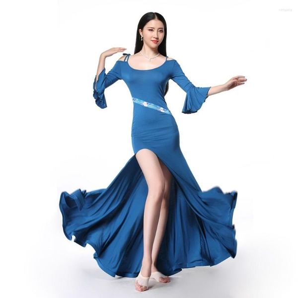 Vêtements de scène femmes danse du ventre débutant Costume Modal robe longue manches évasées robes dos nu pour les filles