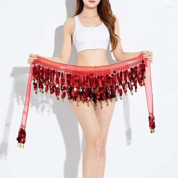 Stage Wear Femmes Belly Dance Chaîne de taille en mousseline de soie avec ceintures de pièces de paillettes pour la fête d'Halloween