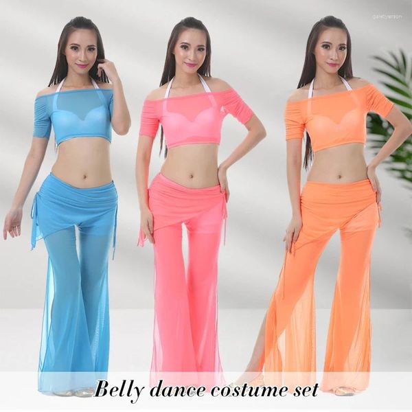 Stage Wear Femmes Belly Dance Justaucorps Tops Split Pantalon Costume Sexy Transparent Gaze Mesh Lady Dancing Outfit