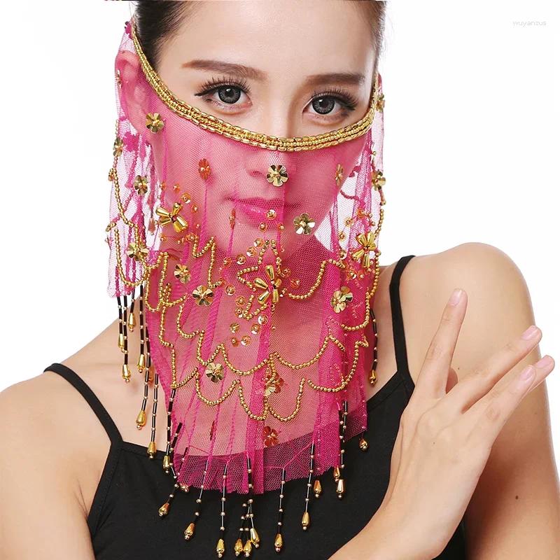 Stadiumkleding Vrouwen Buikdans Tribal Gezichtssluier Bollywood Kralen Maskerade Masker India Accessoires Arabische Prinses