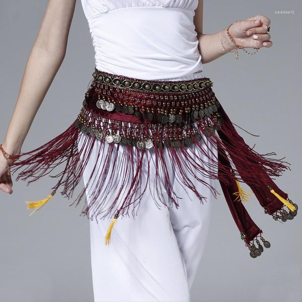 Ropa de escenario para mujer, danza del vientre, flecos clásicos, pañuelo Tribal a la cadera, falda, envoltura de terciopelo, cadena de cintura, cinturón con borlas de baile, regalo